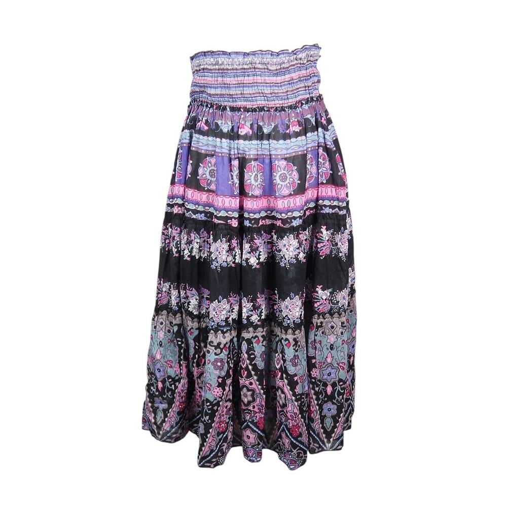 Chaudry KC Purple and Black Floral Cotton Midi Peasant Skirt S